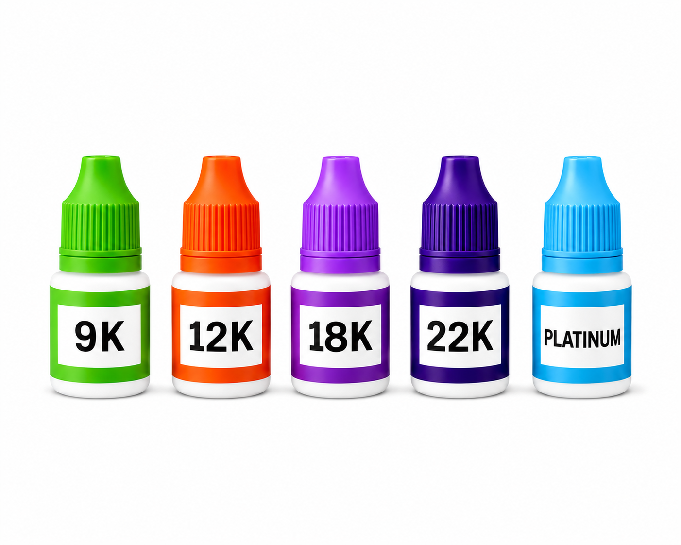 TrueAssay Gold & Platinum Testing Solution Kit – 9K, 12K, 18K, 22K Gold + Platinum (5-Bottle Set)