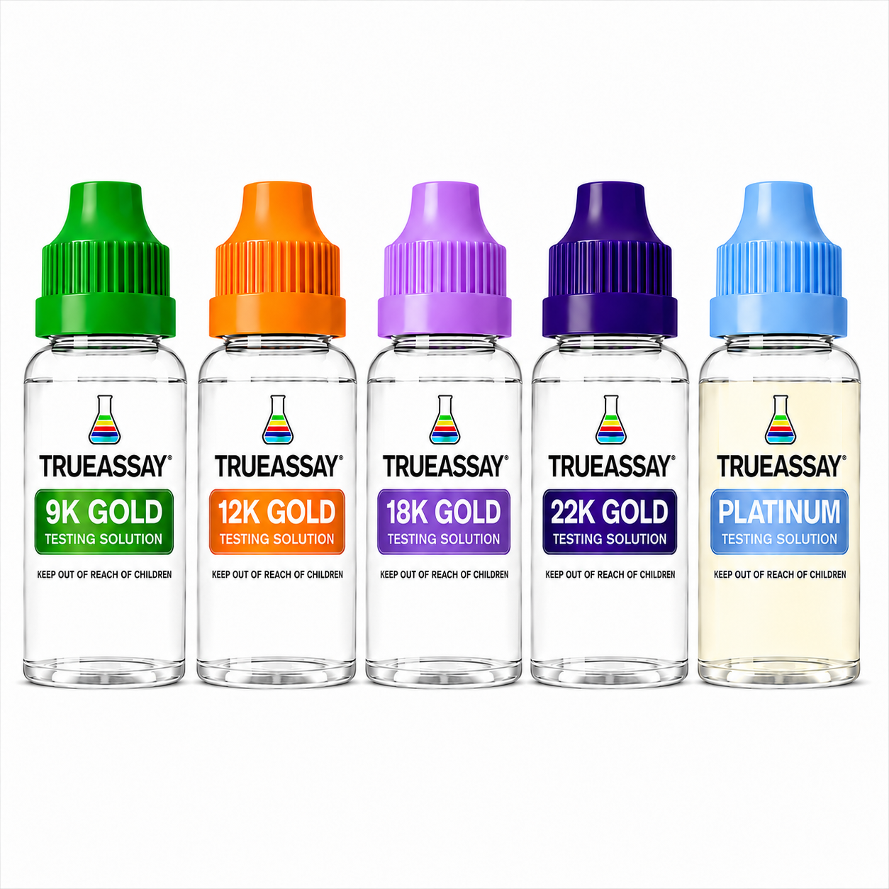 TrueAssay Gold & Platinum Testing Solution Kit – 9K, 12K, 18K, 22K Gold + Platinum (5-Bottle Set)