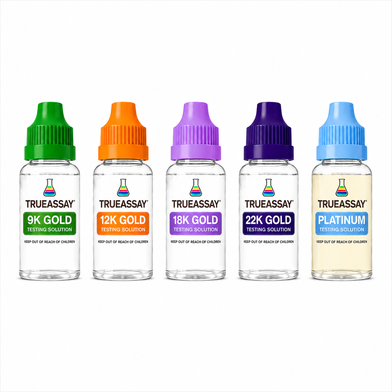 TrueAssay Gold & Platinum Testing Solution Kit – 9K, 12K, 18K, 22K Gold + Platinum (5-Bottle Set)