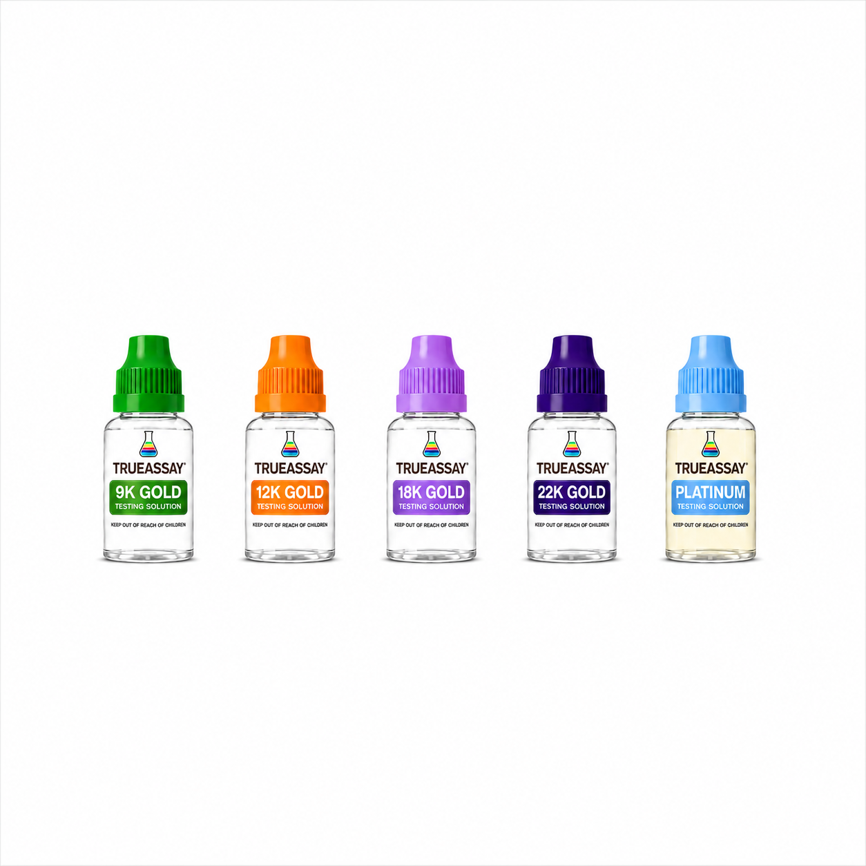 TrueAssay Gold & Platinum Testing Solution Kit – 9K, 12K, 18K, 22K Gold + Platinum (5-Bottle Set)